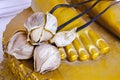 Dried lotus paste on Buddha statue's foots Royalty Free Stock Photo