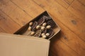 Dried lotus and poppy seed pods in a box on an old wooden floor. Flower delivery. Dried flowers for interior decoration and Royalty Free Stock Photo