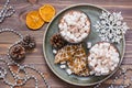 Dried Mandarin Slices, Hot Cocoa With Marshmallows And Christmas Cookies On The Table In Christmas Decorations