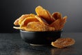 Dried mango slices in a black dish on a black background Royalty Free Stock Photo