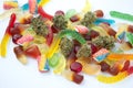 Dried medical marijuana buds lie among gummies of various shapes and flavors