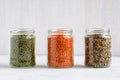 Dried Mung beans, and lentils in glass jars