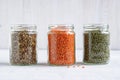 Dried Mung beans, and lentils in glass jars