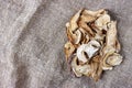 dried mushroom on sackcloth. Top view dried porcini mushrooms Royalty Free Stock Photo