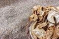 dried mushroom on sackcloth. Top view dried porcini mushrooms Royalty Free Stock Photo