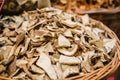 Dried mushroom slices, dried porcini mushrooms on sale in the store, dried mushrooms on the market, high protein product, Royalty Free Stock Photo