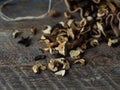 Dried Mushrooms close up on Wooden table