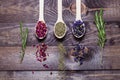 Dried myosotis Mallow flower herbal tea, Green tea and Rose flowers on spoons on wooden table Royalty Free Stock Photo