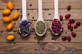 Dried myosotis Mallow flower herbal tea, Green tea and Rose flowers on spoons on wooden table Royalty Free Stock Photo