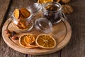 Dried Orange Chips on Wooden Tray Tasty and Healthy Snack for Tea or Coffee Above