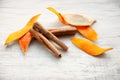 Dried orange peel and cinnamon sticks Royalty Free Stock Photo