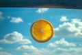 Dried orange slice hanging against a bright blue sky Royalty Free Stock Photo