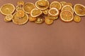 Dried Orange Slices Chips Dehydrated Crispy Citrus Group of Sun Dried Crunchy Oranges Healthy Snack Top view Flat Lay Brown