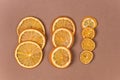 Dried Orange Slices Chips Dehydrated Crispy Citrus Group of Sun Dried Crunchy Oranges Healthy Snack Top view Flat Lay Brown