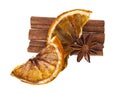 Dried oranges, cinnamon sticks and anise spices star isolated on white background Royalty Free Stock Photo
