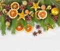 Dried Oranges And Cones, Christmas Decorations And Spruse Branch