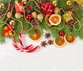 Dried Oranges And Cones, Christmas Decorations And Spruse Branch