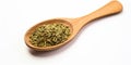 Dried Oregano In Wooden Spoon. Dry Crushed Basil On White Background. Spice Condiment, Green Herbal Seasoning. AI generated