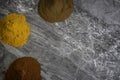 Dried organic spice powders on a marble kitchen worktop background photographed from above Royalty Free Stock Photo