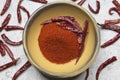 Dried peppers and pepper powder Royalty Free Stock Photo