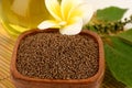 Dried Perilla seeds, green leaves and oil placed on a white background.