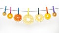 Dried pieces of citrus fruits hang on clothespins on white background Royalty Free Stock Photo