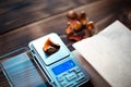 Dried pieces of mushroom fly agaric on table with scales. Measurement of microdose, microgram of psychedelic, therapeutic narcotic Royalty Free Stock Photo