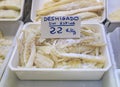 Dried pieces of salted cod or bacalao for sale at a market in Pamplona, Spain