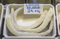 Dried pieces of salted cod or bacalao for sale at a market in Pamplona, Spain