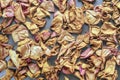 Dried Pink and Yellow Rose Petals Scattered on Chrome White Background. Top View, Flat Lay, Copy Space. Valentine, International Royalty Free Stock Photo
