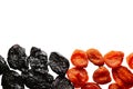 Dried plum - prunes and dried apricot isolated on a white background with copy space for your text. Healthy breakfast.