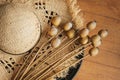 Dried poppy seed pods on a brim straw hat. Dried flowers for interior decoration and floristics Royalty Free Stock Photo