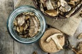 Dried porcini mushrooms in a storage jar