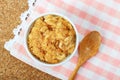 dried pork floss in white cup with wooden spoon on corkboard background. Royalty Free Stock Photo