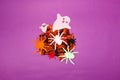 dried potpourri with colorful spiders and ghosts, creative halloween concept, flat lay, paper craft, purple background Royalty Free Stock Photo