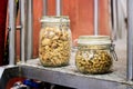 Dried and pressed hope cones in jars in a brewery