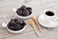 Dried prunes on wood, Pine nut Royalty Free Stock Photo