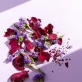 Dried purple flowers and rose petals on the purple background Royalty Free Stock Photo