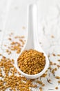 Dried, raw fenugreek seed in white spoon close up on white rustic wooden table background Royalty Free Stock Photo