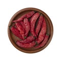 Dried red chili peppers on a wooden plate isolated over white background Royalty Free Stock Photo