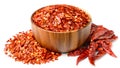 Dried red chilli flakes in the wooden bowl, isolated on white Royalty Free Stock Photo