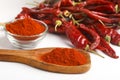 Dried red chilli and red chilli powder in glass bowl and wooden spoon on white background Royalty Free Stock Photo