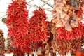 Dried red chillies hanging on a market place