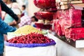 Dried red chillies in a jute bag for sale in chandni chowk delhi Royalty Free Stock Photo