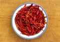 Dried red chillies in plate on wooden background. Royalty Free Stock Photo