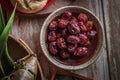 Dried red date or Chinese jujube. Traditional herbal medicine spill Royalty Free Stock Photo