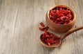 Dried red goji berries in a wooden bowl Royalty Free Stock Photo