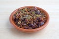 Dried red and green bell peppers in a small bowl Royalty Free Stock Photo