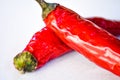 Dried red hot chili peppers on a white plate