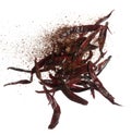 Dried Red hot Chilli fall down explosion, dried Red Chilli float explode, abstract cloud fly. Mix ground powder Chillis splash